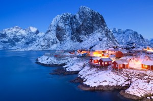 Norwegian fisherman's cabins on the Lofoten at dawn in winter
